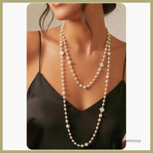 14K Gold Plated Multi-Strand Layered Pearl Necklace with Clover Charms